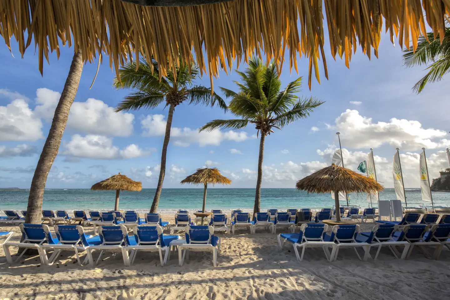 Beach loungers under palms and thatched shade at Pineapple Beach Club Antigua.