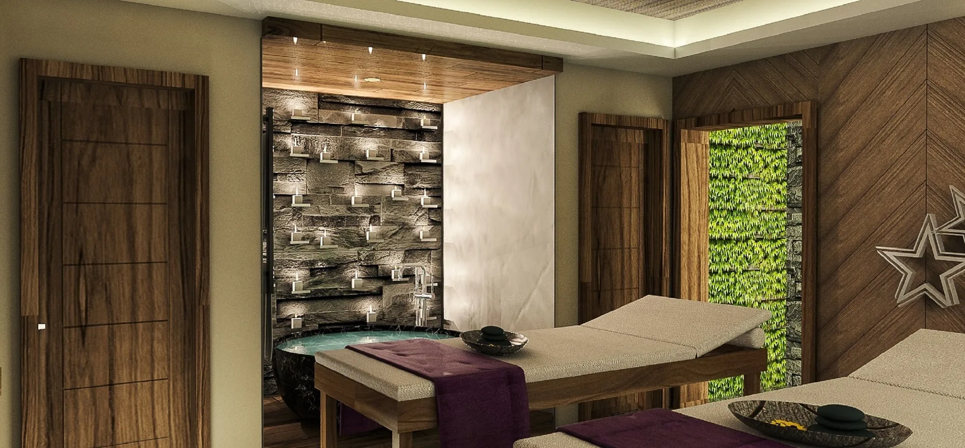 Spa treatment room with massage tables and candlelit wall at Planet Hollywood Cancun.