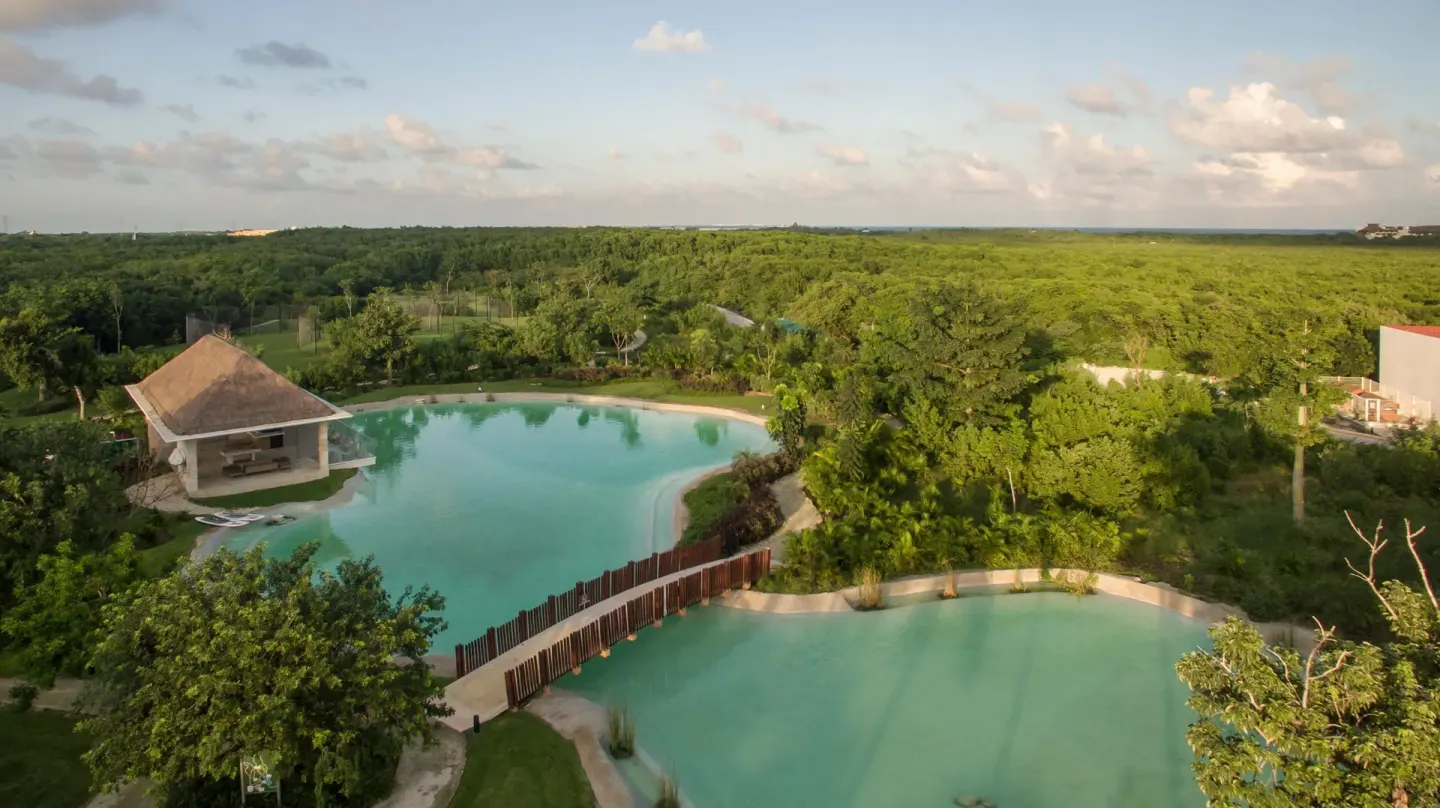 Aerial view of lagoons and greenery at Platinum Yucatan Princess.
