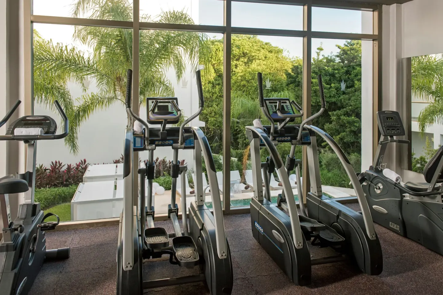 Cardio machines facing large windows and tropical greenery at Platinum Yucatan Princess.