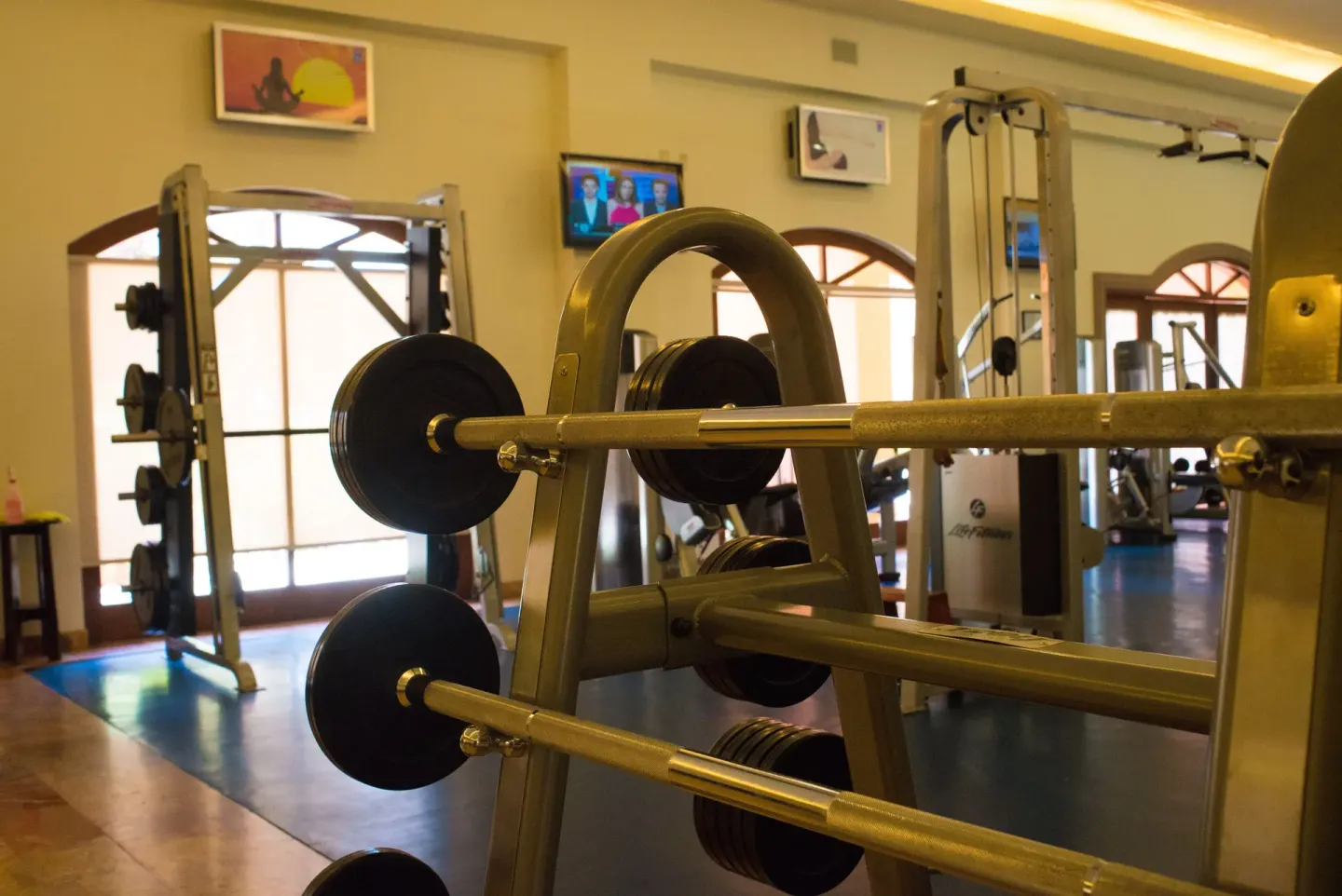 Weight machines and barbells in the fitness center at Playa Grande Resort & Grand Spa.