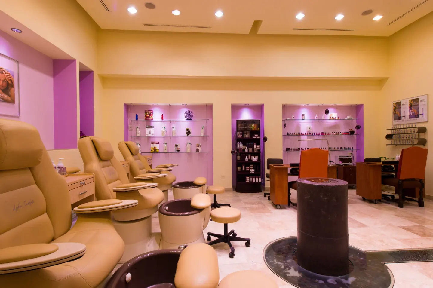 Salon pedicure chairs and manicure stations at Playa Grande Resort & Grand Spa.