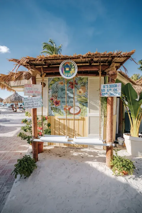 Beach swing with signs and palms at Playa Linda Beach Resort.