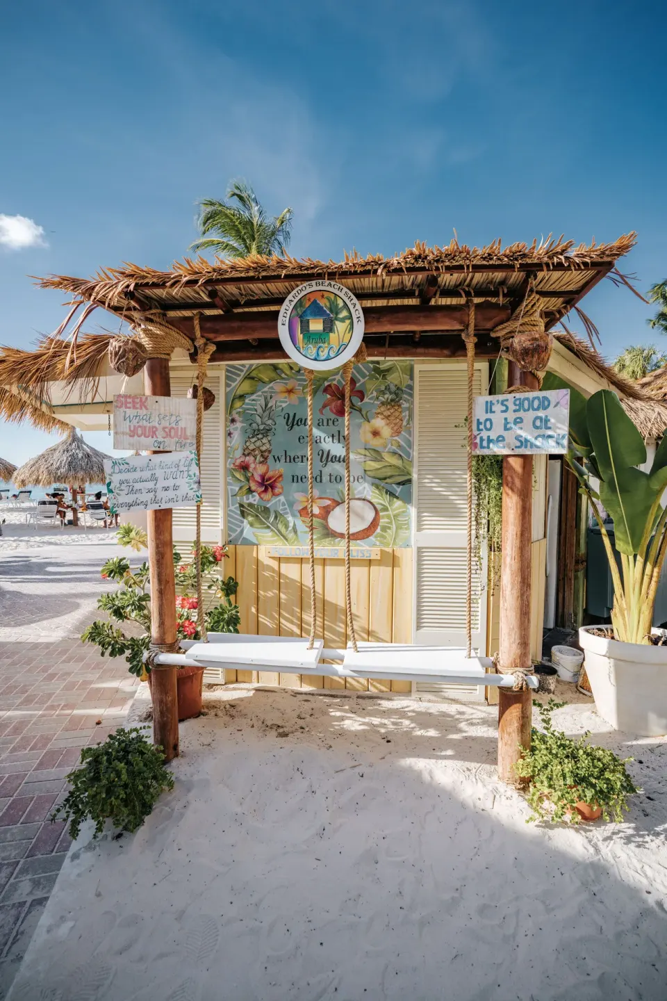Beach swing with signs and palms at Playa Linda Beach Resort.