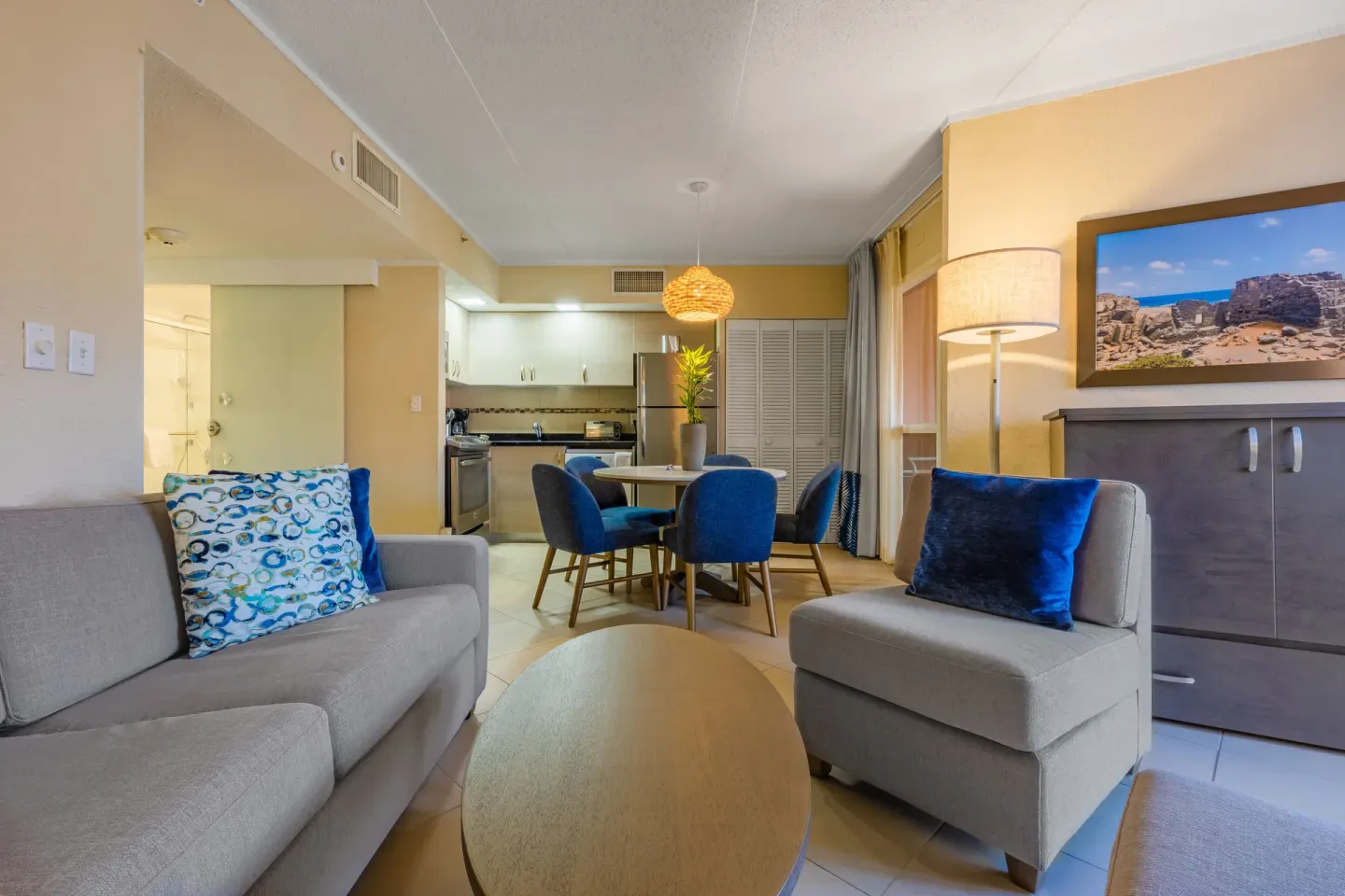 Open suite living, dining, and kitchen area at Playa Linda Beach Resort.