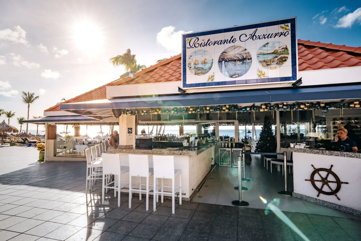 Azzurro restaurant entrance and bar at Playa Linda Beach Resort.