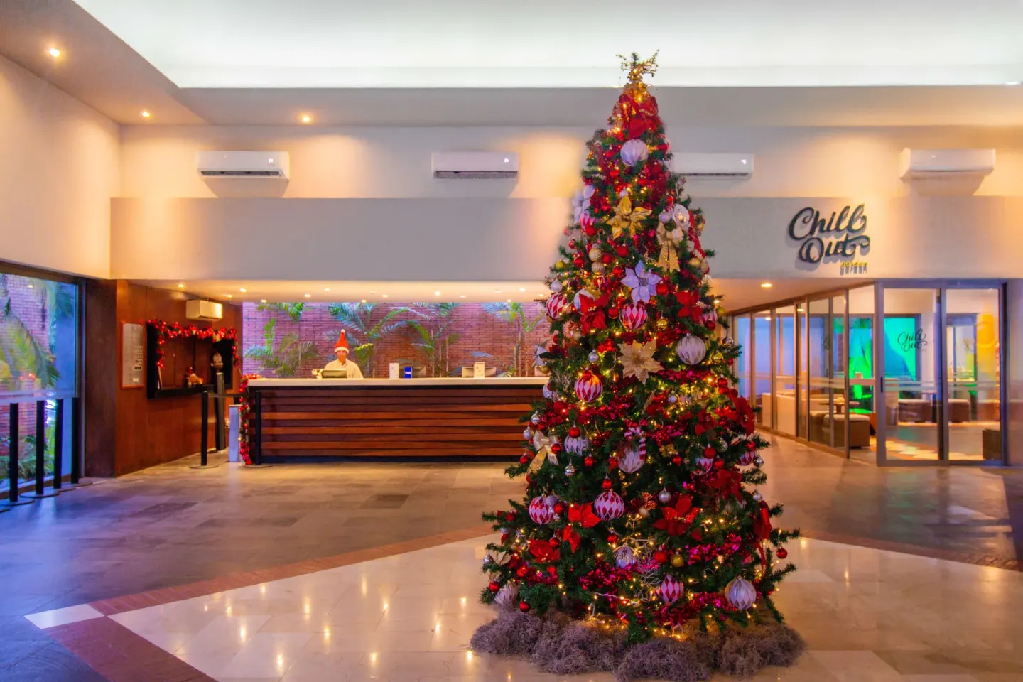 Christmas tree displayed in the lobby at Plaza Pelicanos Club Beach Resort.