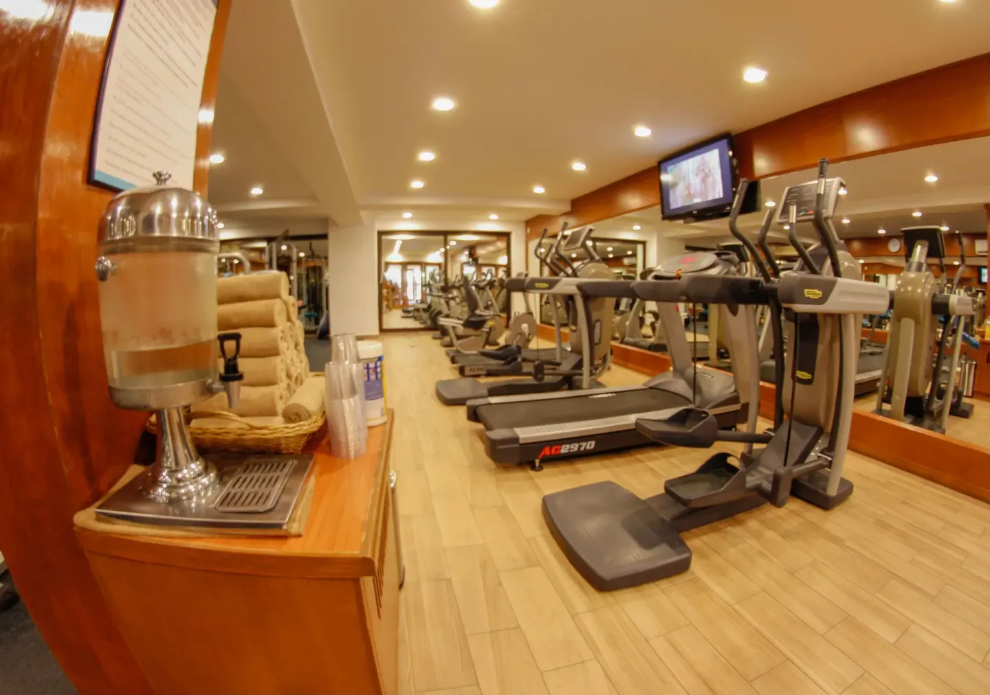 Treadmills and cardio machines in the gym at Plaza Pelicanos Grand Beach Resort.