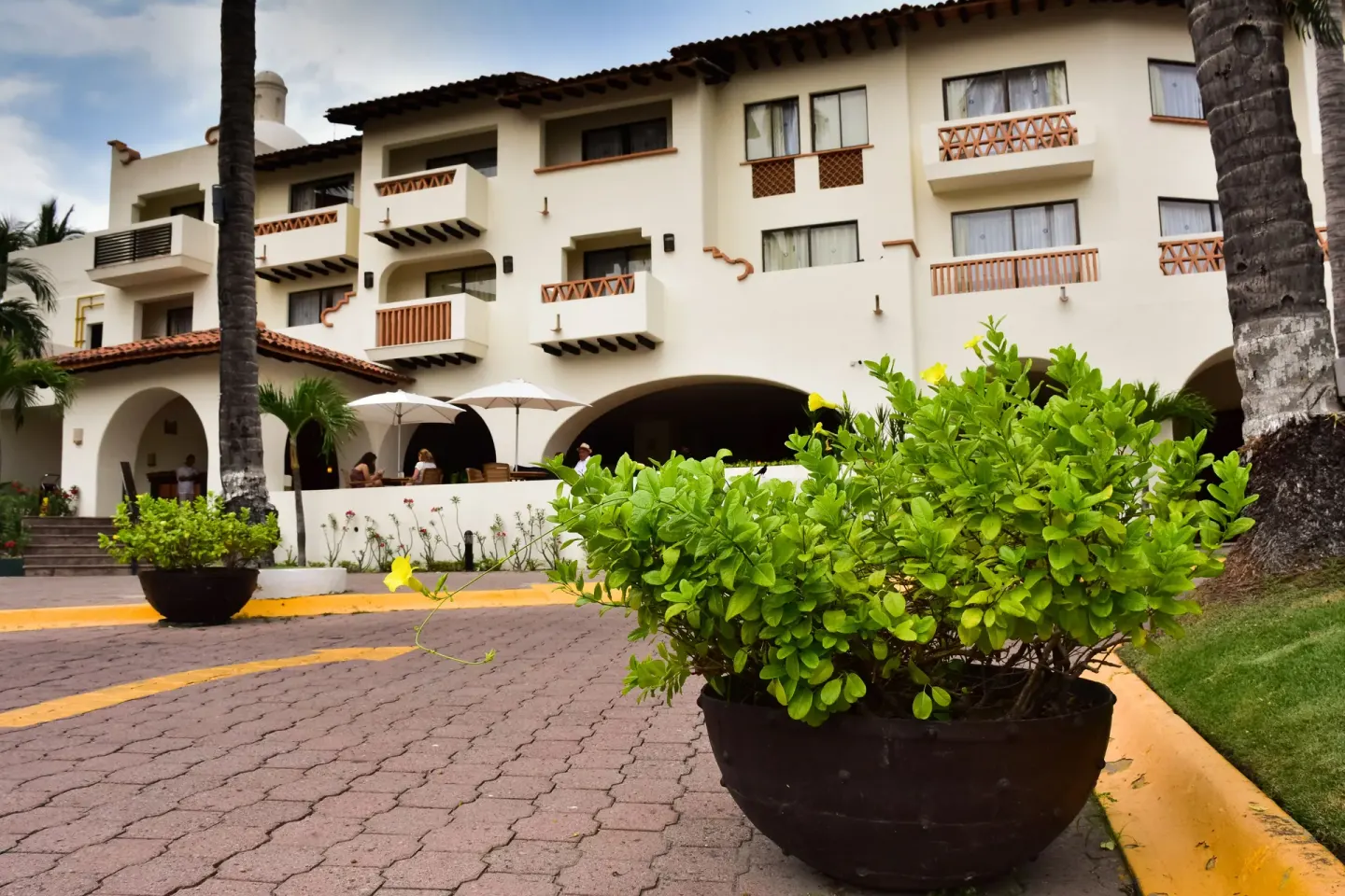 Resort building exterior with palms and planters at Plaza Pelicanos Grand Beach Resort.