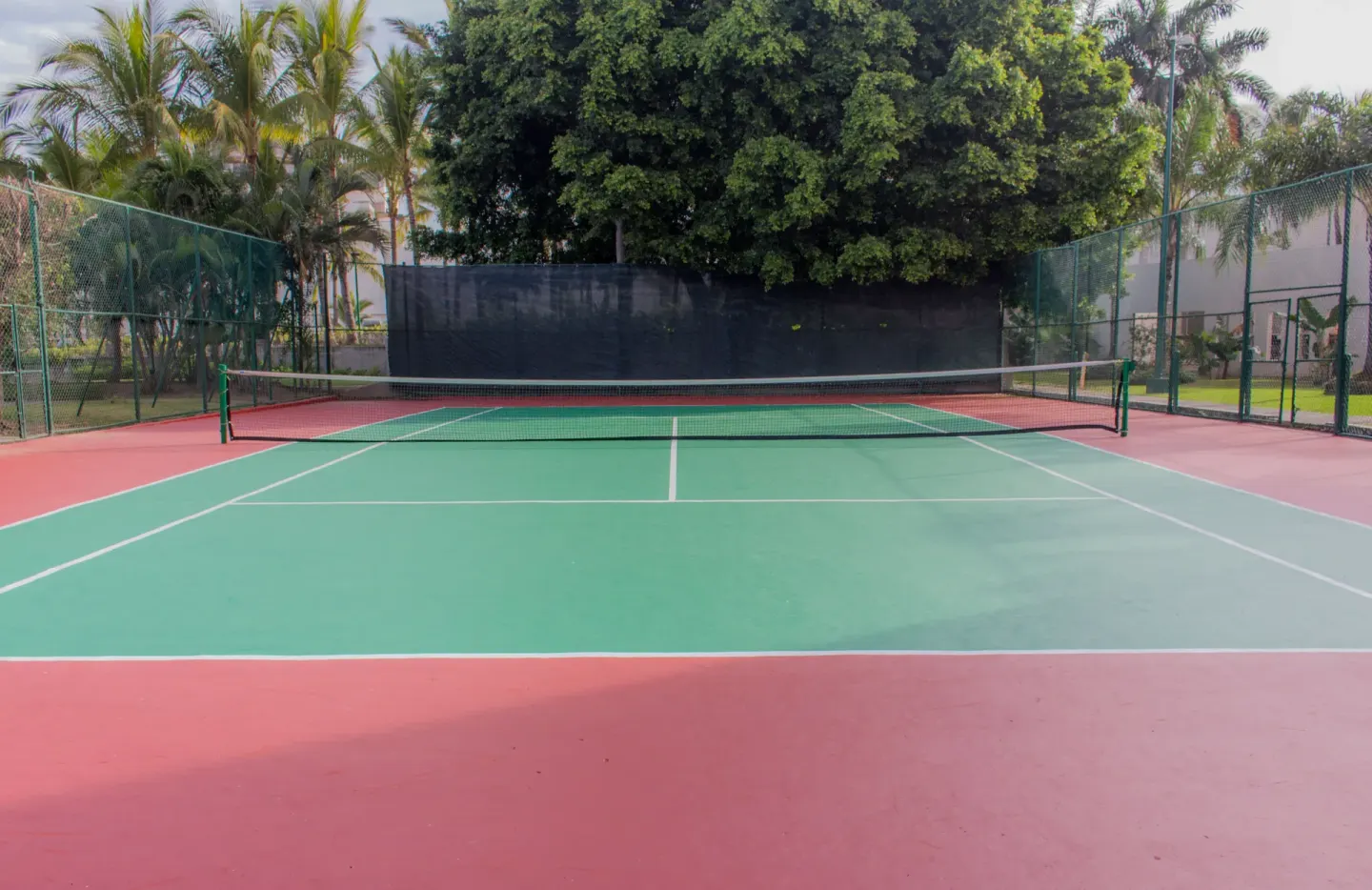 Tennis court surrounded by palms at Plaza Pelicanos Grand Beach Resort.