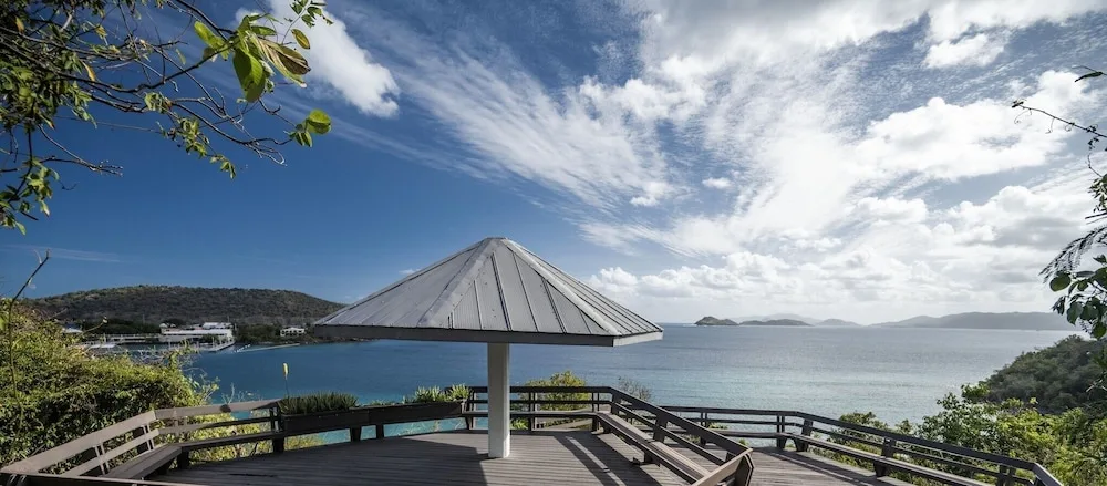 Scenic overlook deck with pavilion roof and ocean view at Point Pleasant Resort.