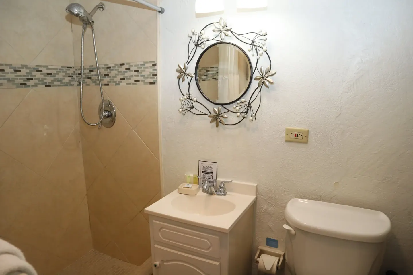 Studio bathroom with walk-in shower, vanity, mirror, and toilet at Point Pleasant Resort.