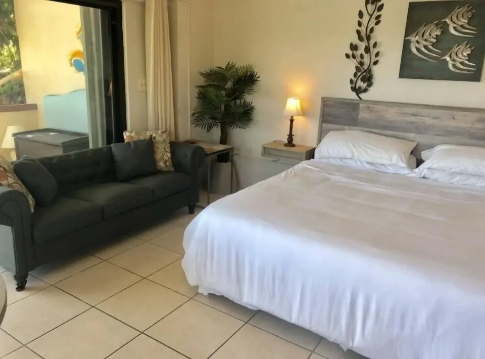 Studio room with king bed, sofa, wall art, and sliding door at Point Pleasant Resort.