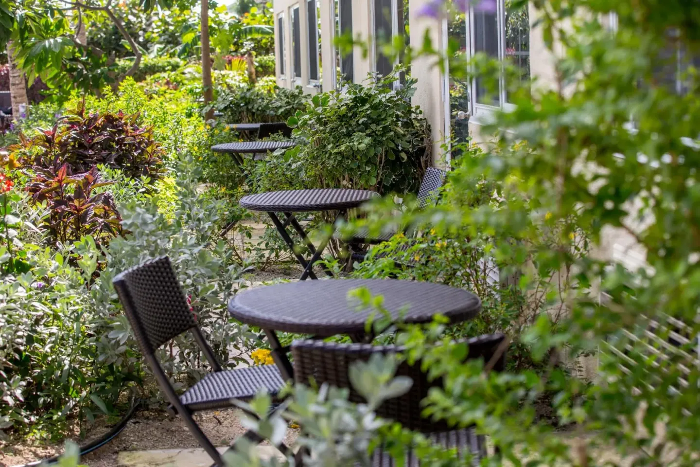 Garden patio seating outside guest rooms at Ports of Call Resort.