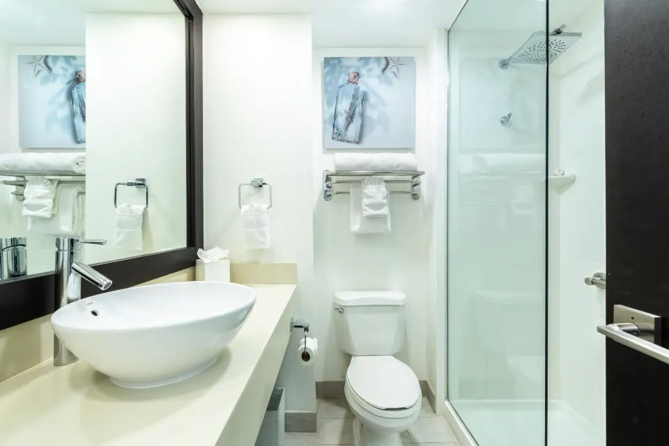 Guest room bathroom with vessel sink and glass shower at Ports of Call Resort.