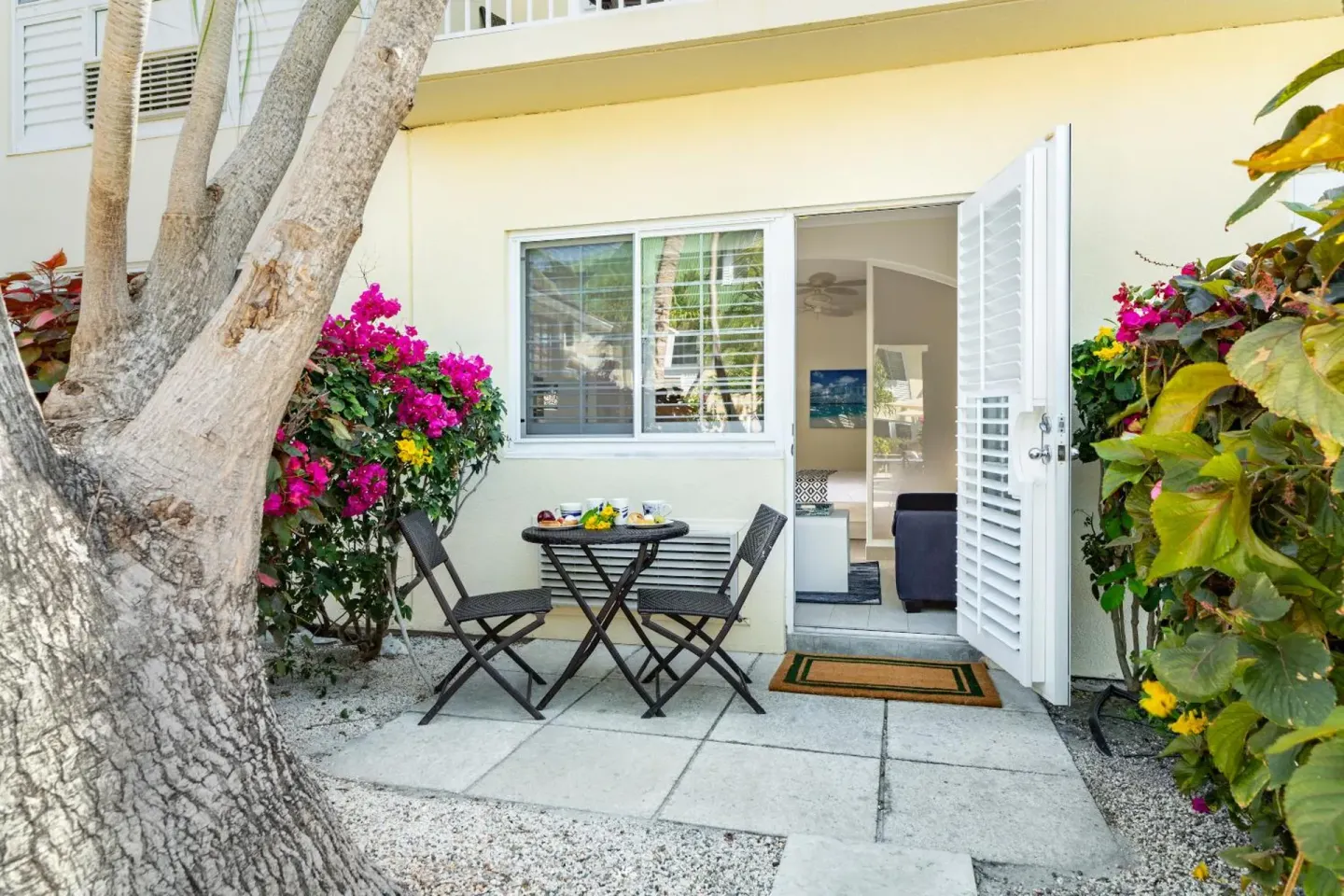 Garden terrace outside a guest room at Ports of Call Resort.