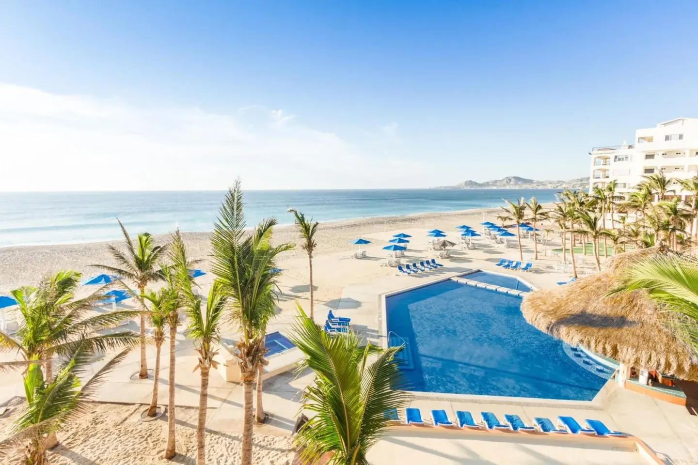 Beachfront pool, palms, blue loungers, and ocean view at Posada Real Los Cabos.