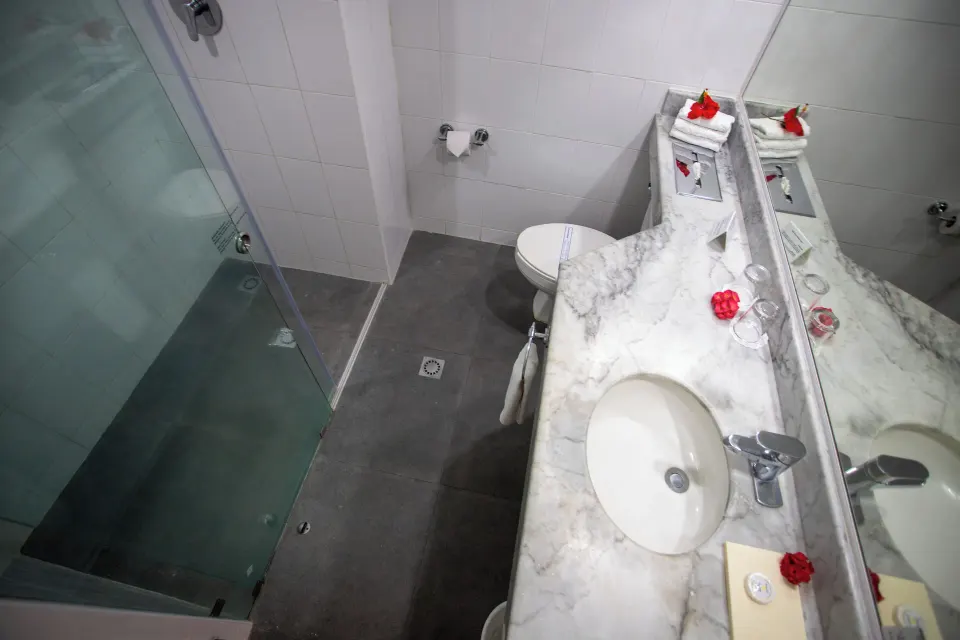 Bathroom with glass shower, marble-look vanity, and toilet in a standard room at Posada Real Los Cabos.