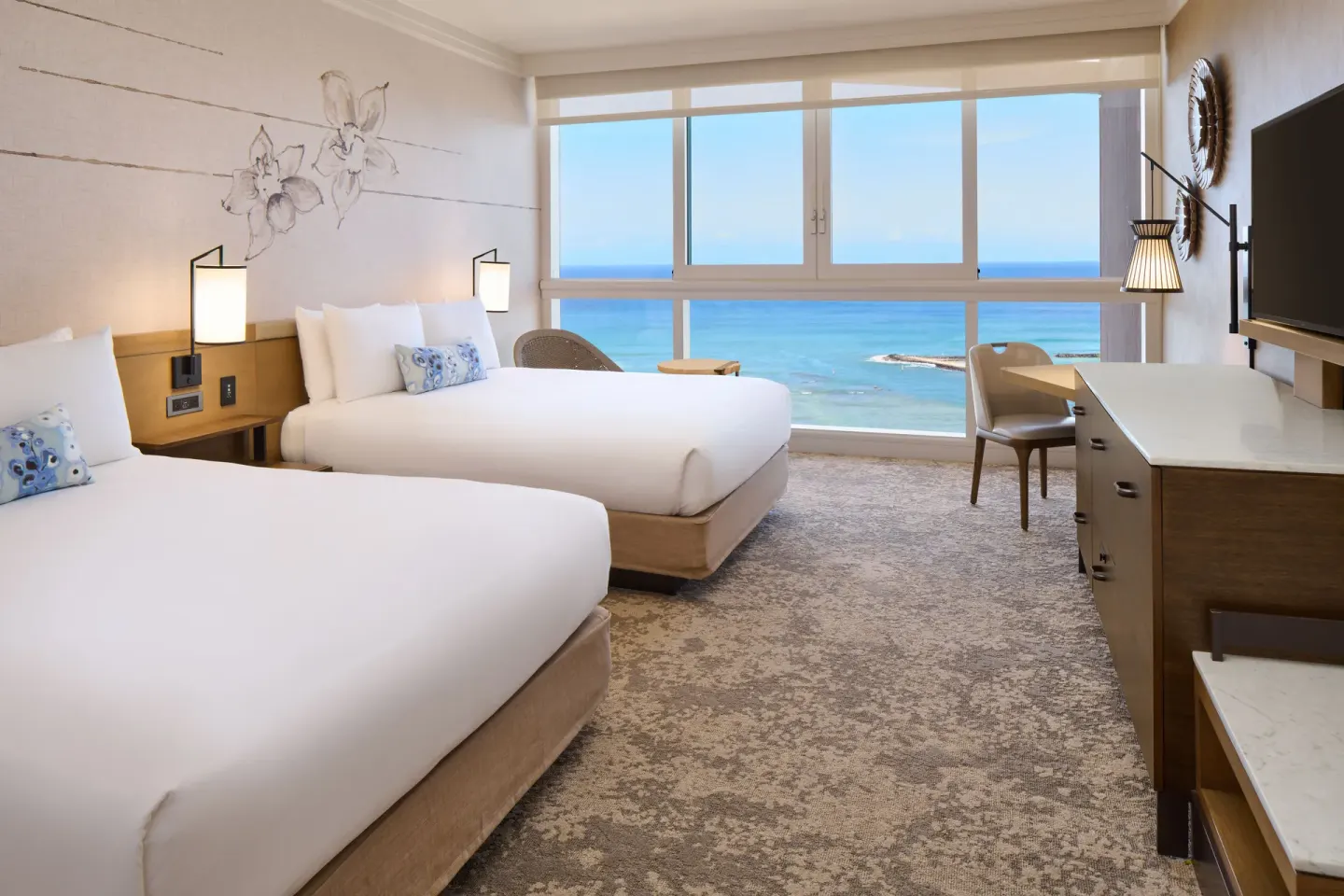 Ocean Front Premier room with two beds and ocean view at Prince Waikiki.