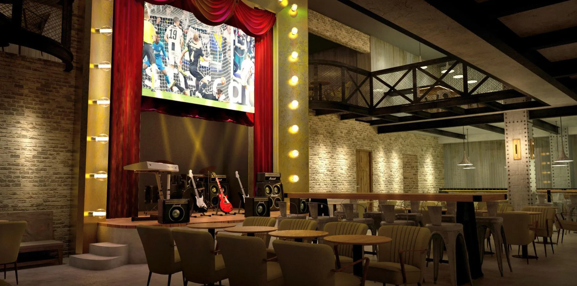 Sports bar stage with screens, instruments, and seating at Princess Family Club Bavaro.