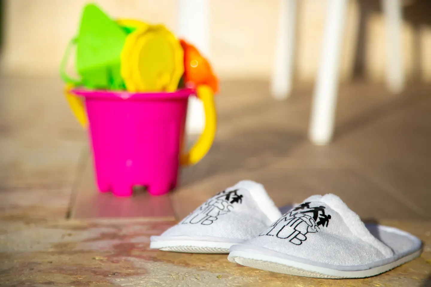 Family Club Junior Suite slippers and beach toys at Princess Family Club Bavaro.