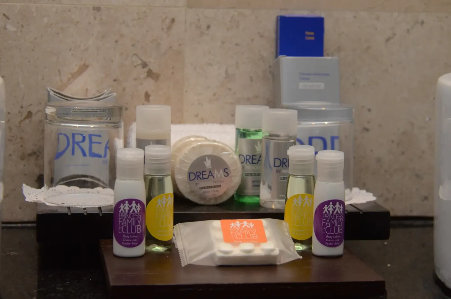 Bath amenities arranged on a counter at Princess Family Club Riviera.