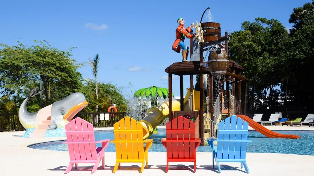 Colorful chairs face the children's splash pool at Princess Family Club Riviera.