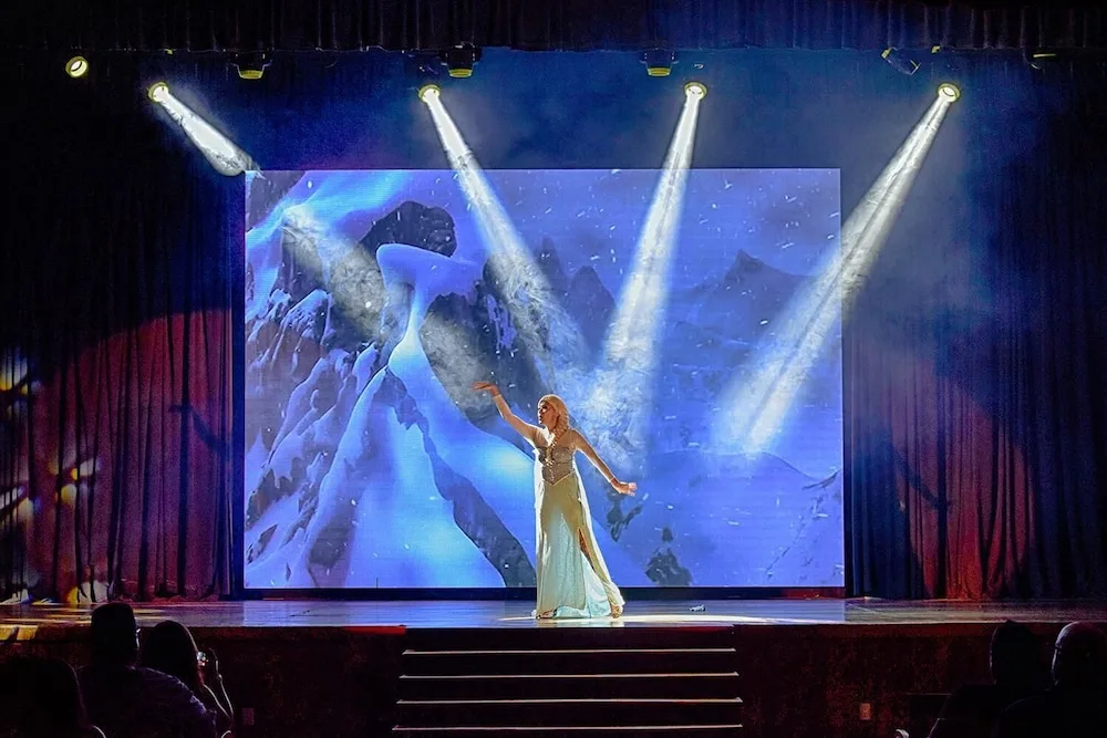 A performer sings on a lit theater stage at Princess Family Club Riviera.