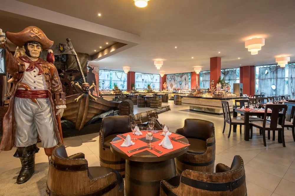 Pirate-themed dining room with buffet stations at Princess Family Club Riviera.
