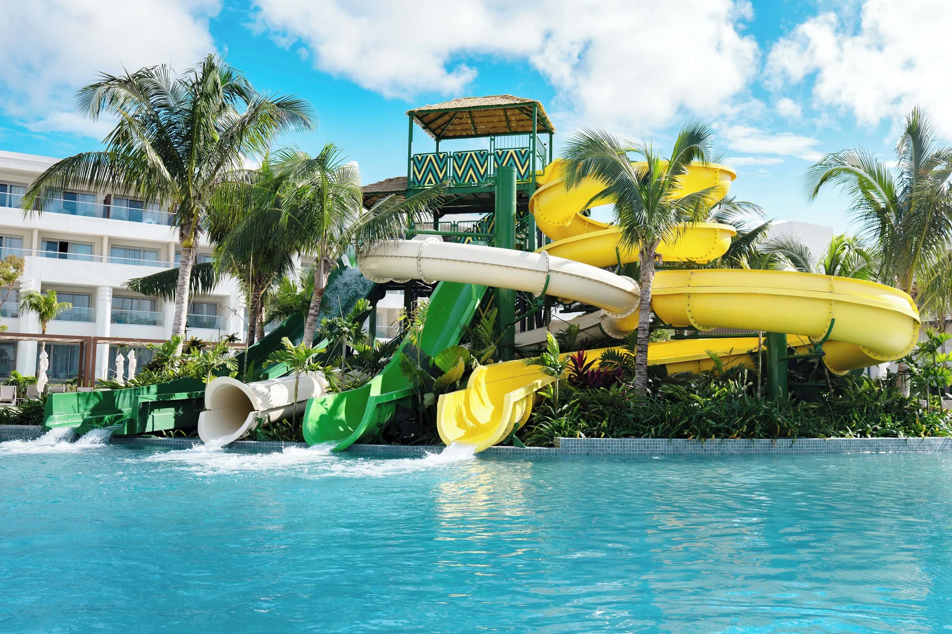 Colorful water slides and pool at Princess Grand Jamaica Resort.