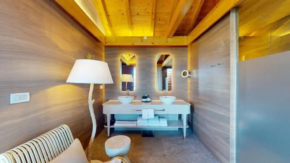 Overwater Villa vanity area with twin basins at Princess Senses The Mangrove Resort.