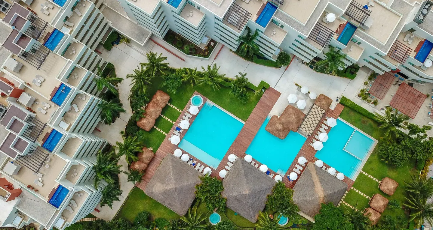 Overhead view of the pool courtyard at Privilege Aluxes Isla Mujeres.
