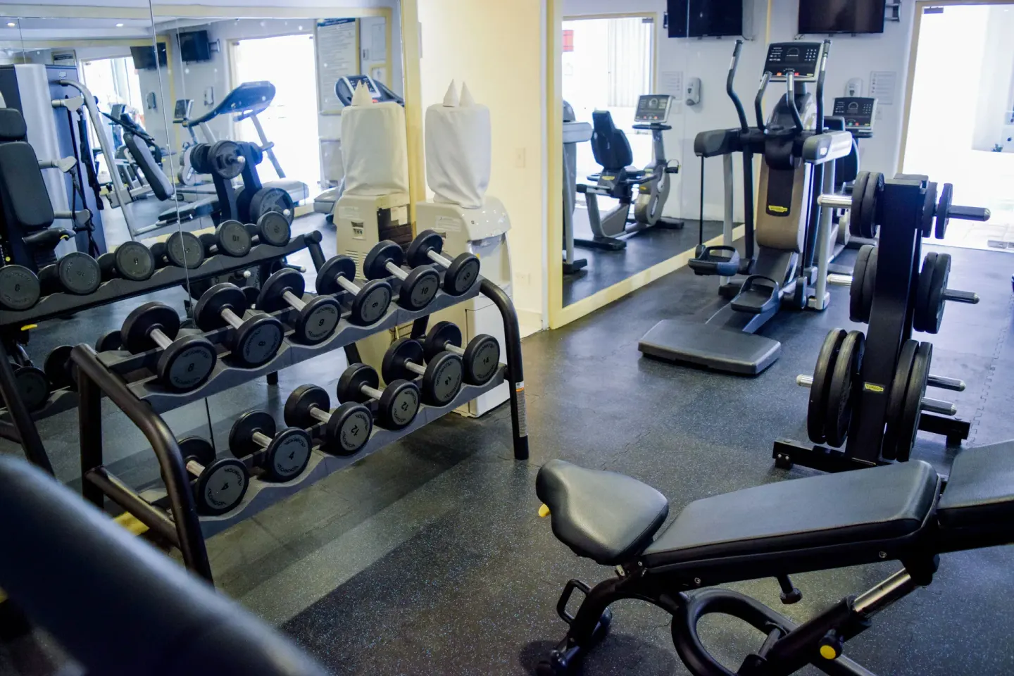 Fitness center dumbbell rack and exercise machines at Pueblo Bonito Los Cabos Blanco.
