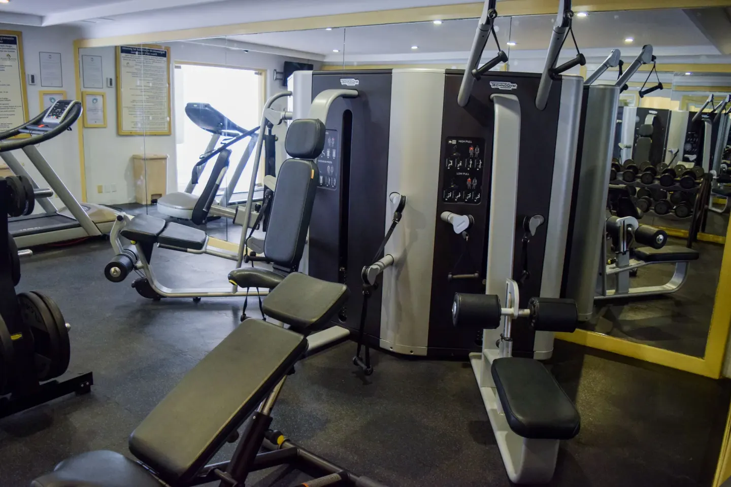 Fitness room weight station and cardio machines at Pueblo Bonito Los Cabos Blanco.