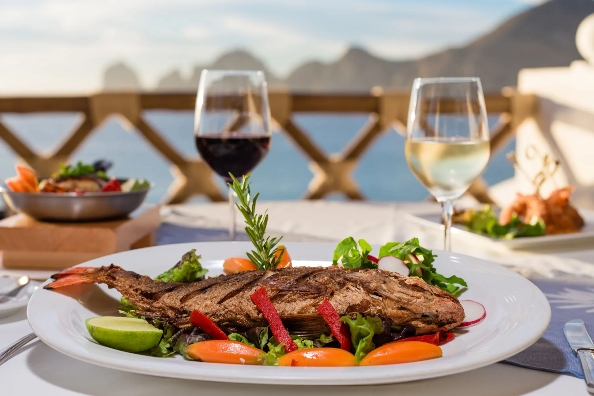 Grilled fish with wine on an ocean-view table at Pueblo Bonito Los Cabos Blanco.