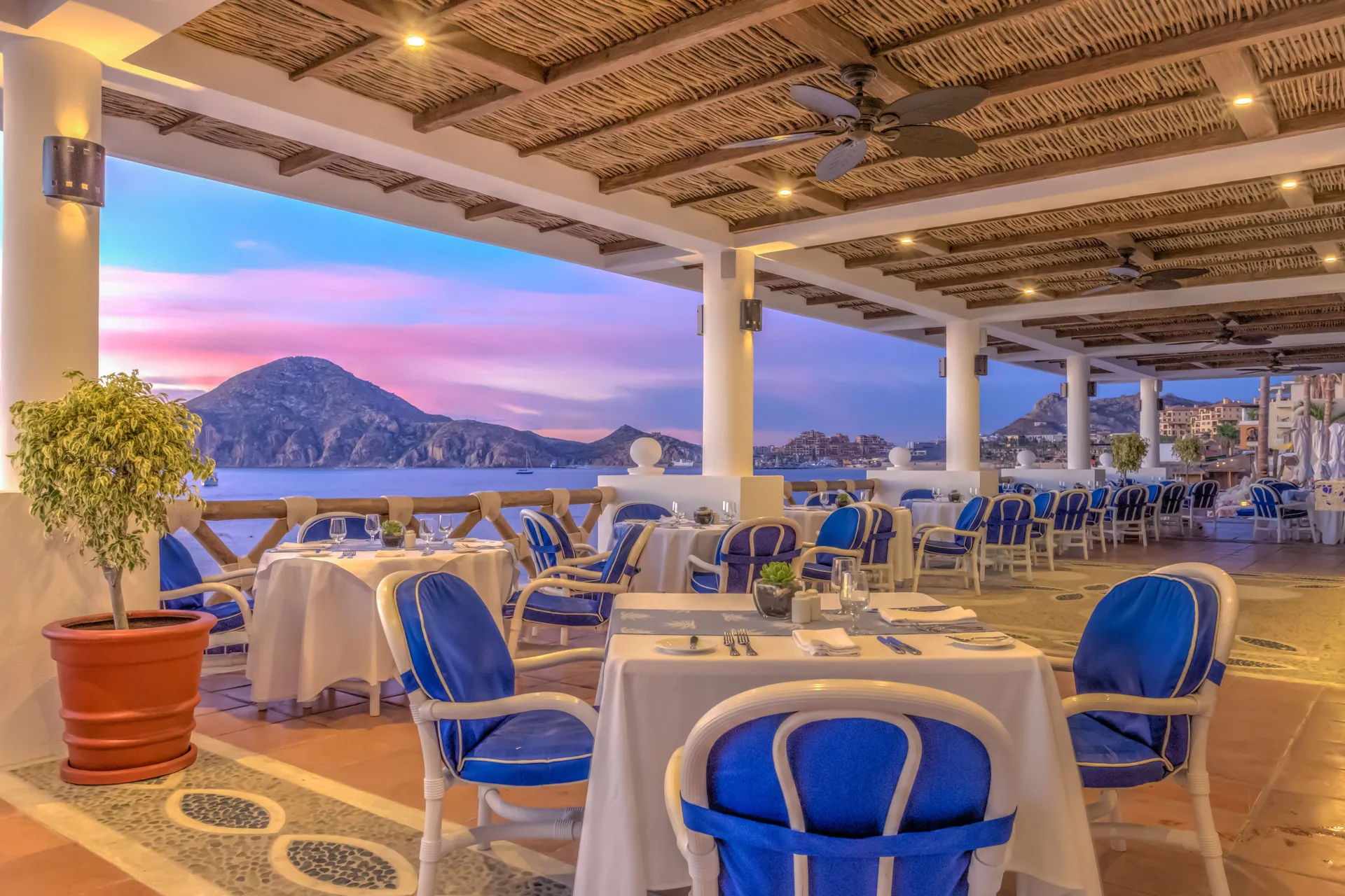 Open-air terrace dining room with ocean views at Pueblo Bonito Los Cabos Blanco.
