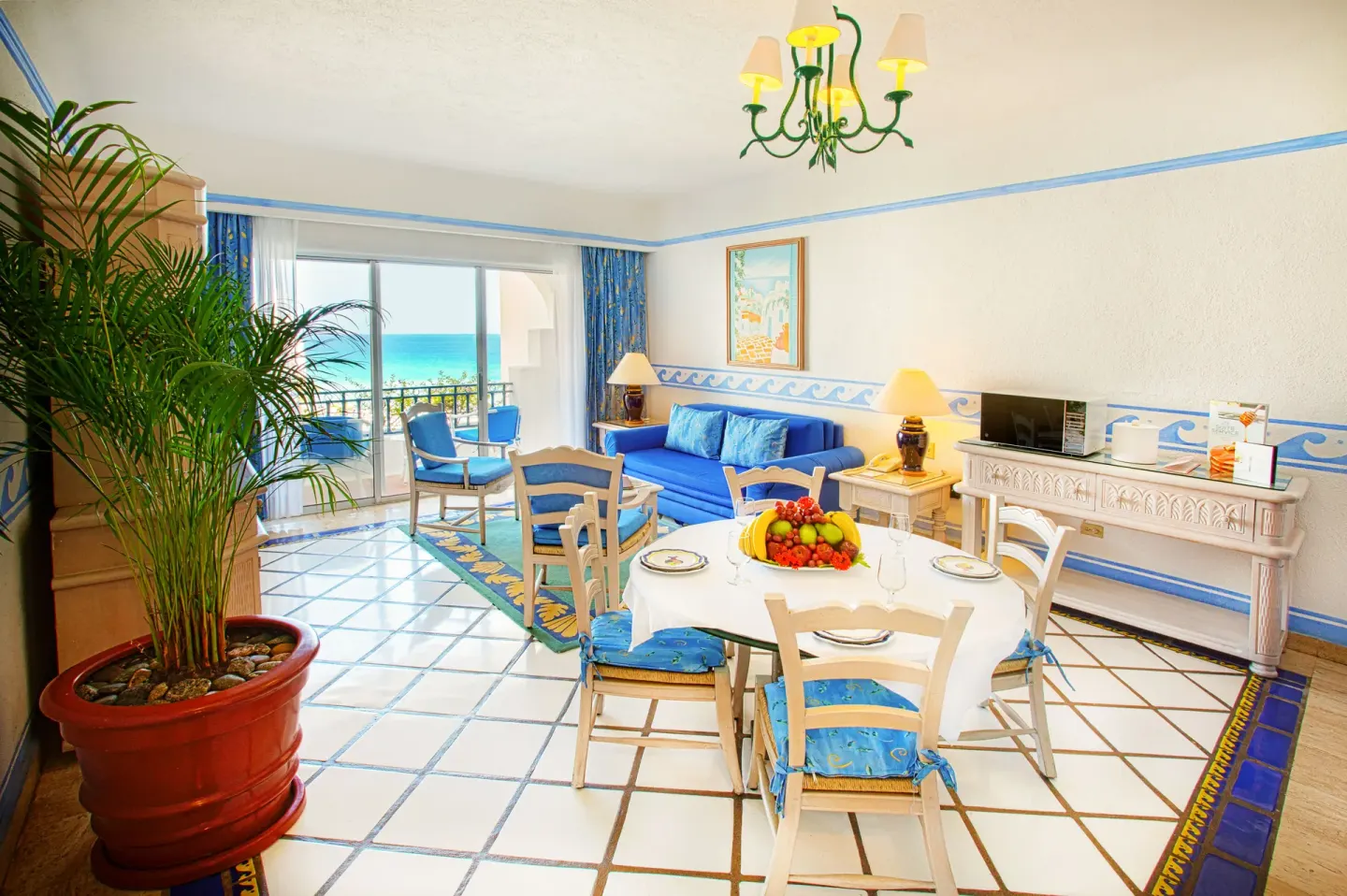 Luxury Suite Ocean View living room with ocean visible from balcony at Pueblo Bonito Los Cabos Blanco.