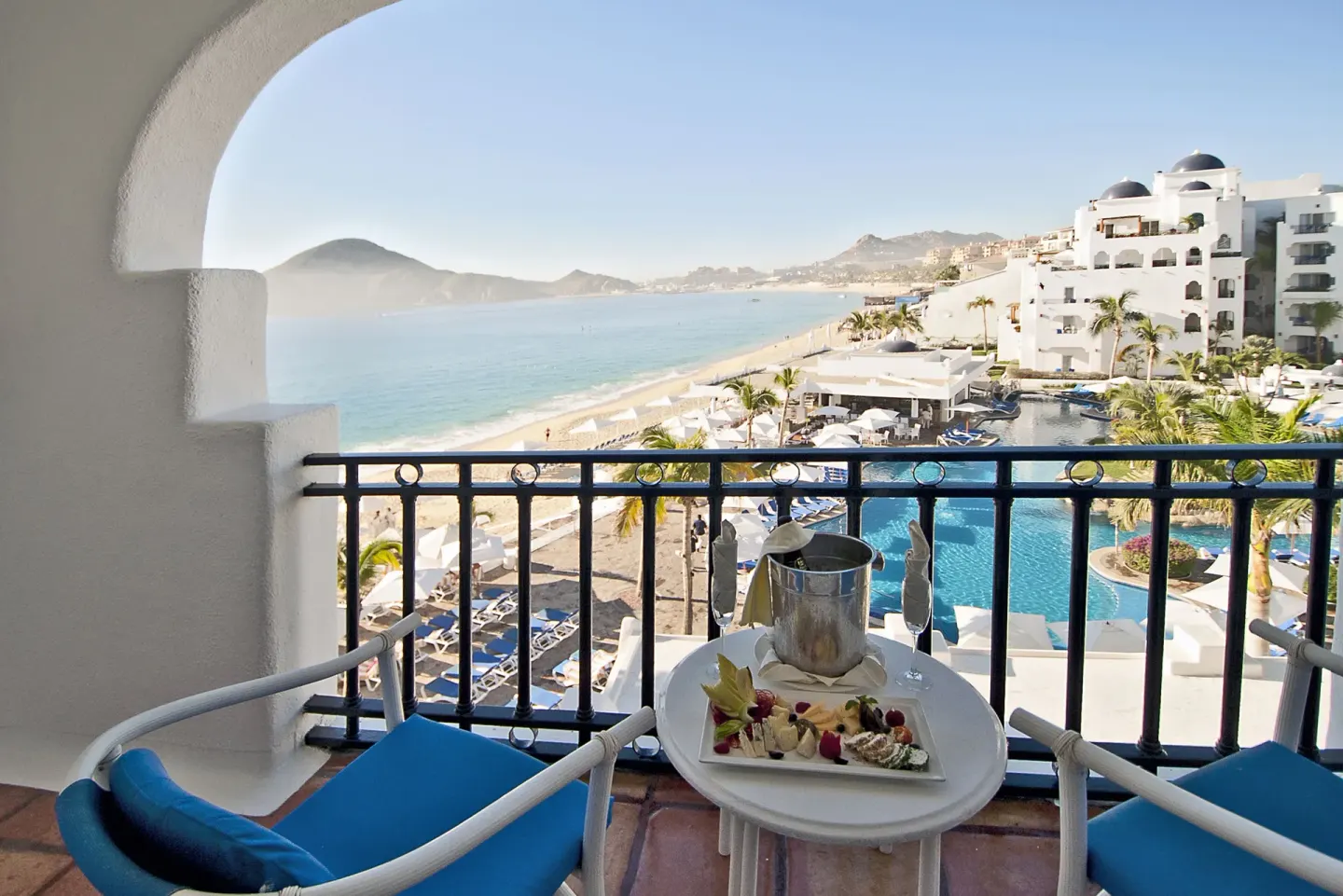 Luxury Suite balcony with ocean and pool view at Pueblo Bonito Los Cabos Blanco.