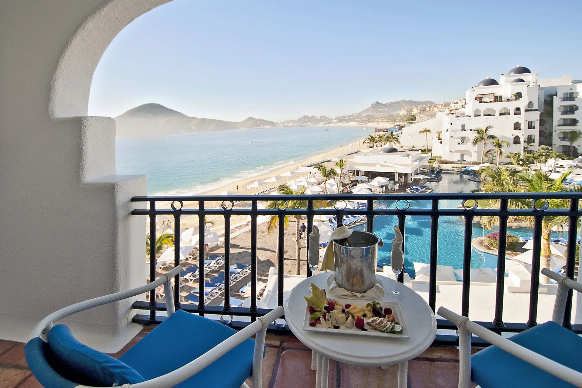 Luxury Suite balcony with ocean and pool view at Pueblo Bonito Los Cabos Blanco.