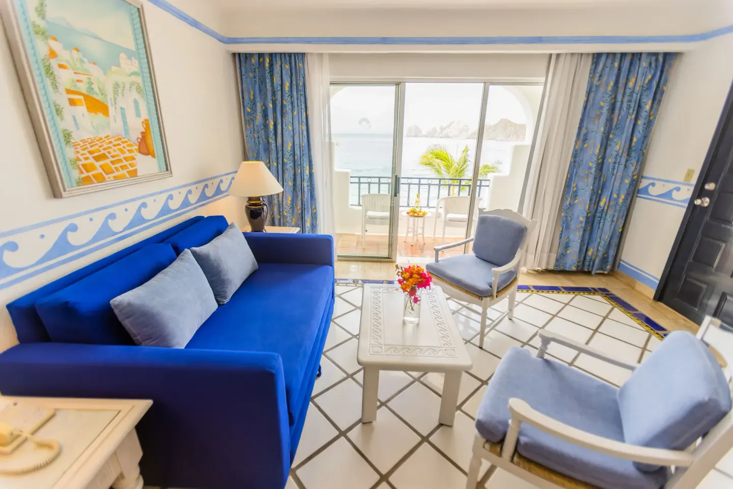 Master Suite Ocean View living area with balcony and sea view at Pueblo Bonito Los Cabos Blanco.