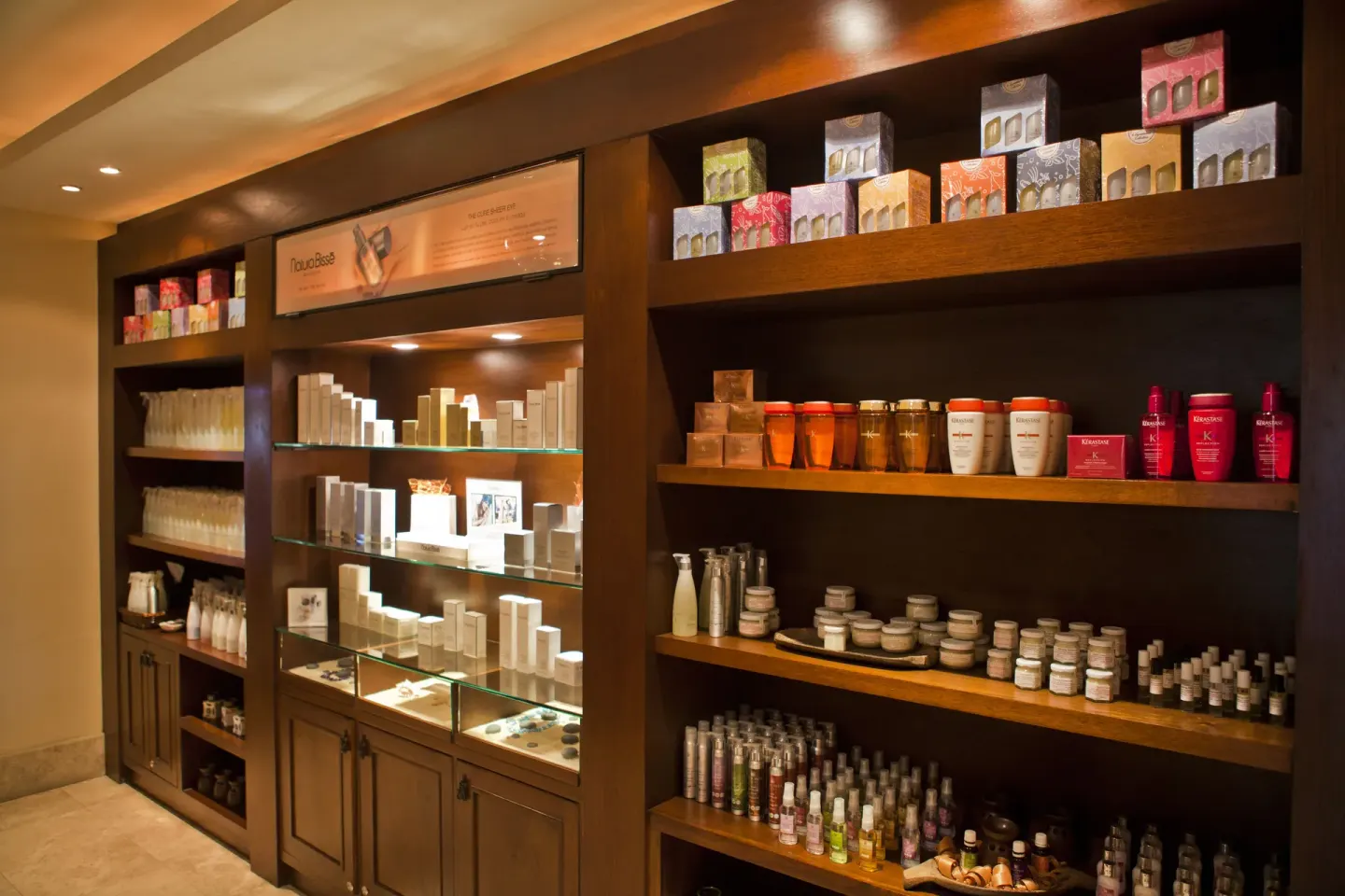 Spa boutique shelves with skincare and bath items at Pueblo Bonito Montecristo Luxury Villas.