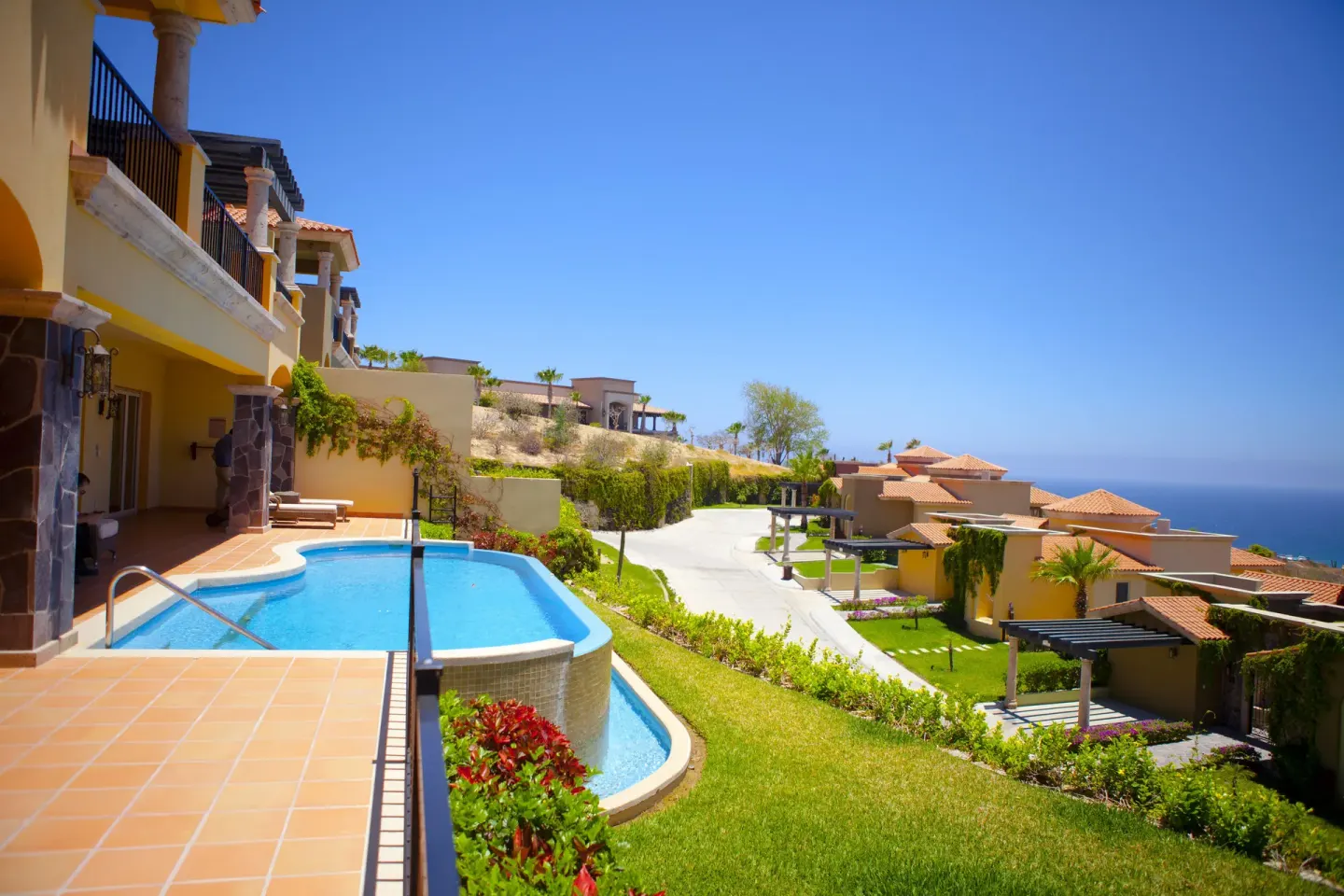 Villa terrace with a small pool and ocean view at Pueblo Bonito Montecristo Luxury Villas.