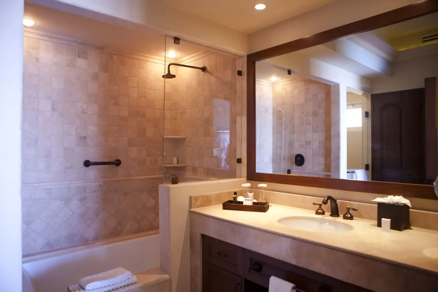 Villa bathroom vanity and tub-shower combination at Pueblo Bonito Montecristo Luxury Villas.