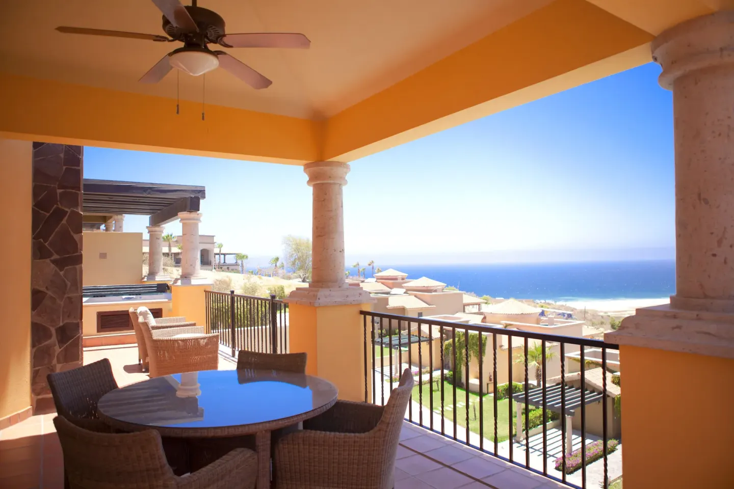Covered villa terrace with ocean view at Pueblo Bonito Montecristo Luxury Villas.