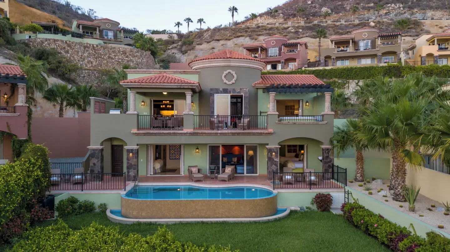 Two-story ocean view villa exterior with private pool at Pueblo Bonito Montecristo Luxury Villas.