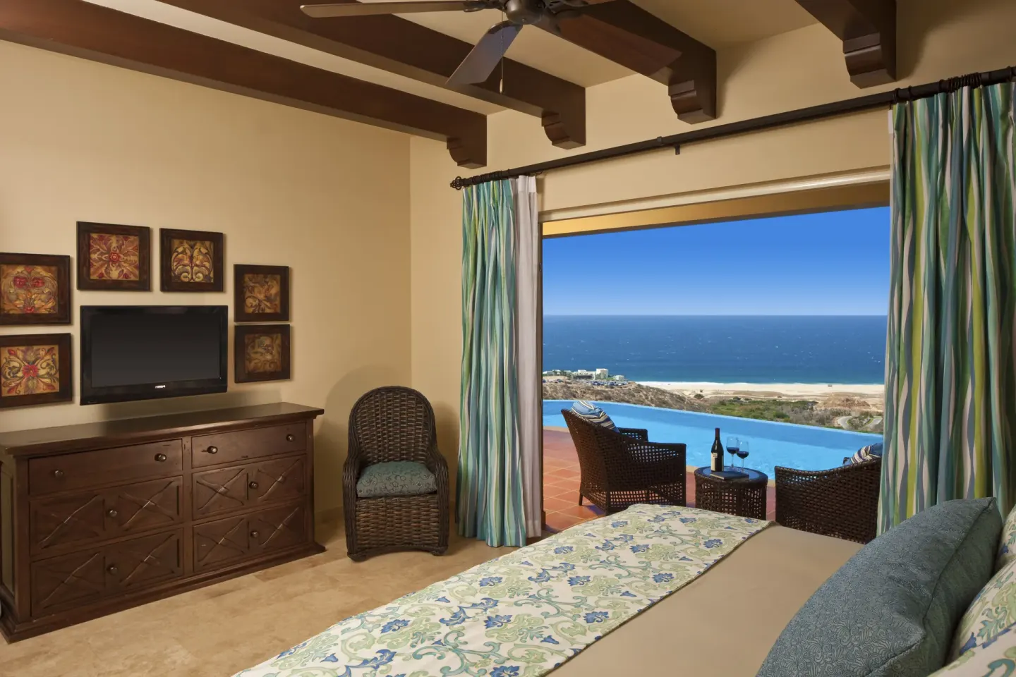 Ocean-view villa bedroom with terrace pool at Pueblo Bonito Montecristo Luxury Villas.