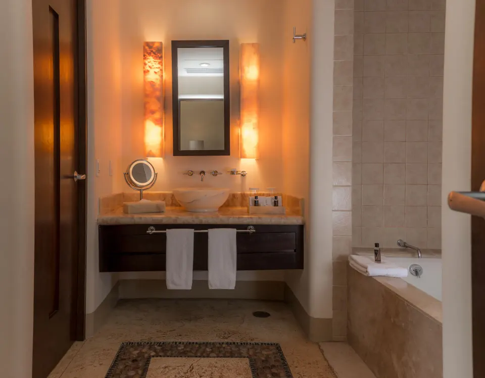 Oceanview Suite bathroom vanity and tub at Pueblo Bonito Pacifica Golf & Spa Resort.