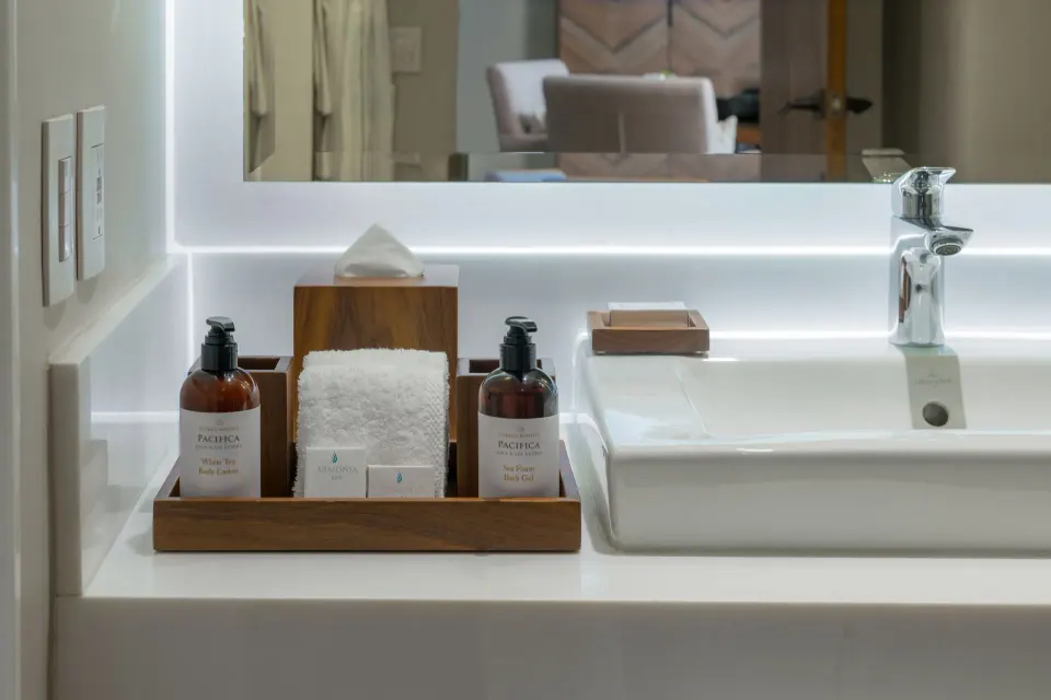 Towers Deluxe Ocean View Room vanity amenities at Pueblo Bonito Pacifica Golf & Spa Resort.