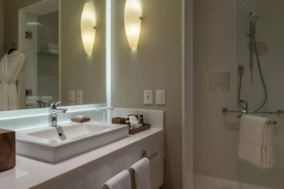 Towers Deluxe Ocean View Room bathroom vanity at Pueblo Bonito Pacifica Golf & Spa Resort.