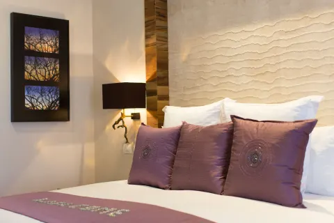 Towers Deluxe Ocean View Room bed detail at Pueblo Bonito Pacifica Golf & Spa Resort.